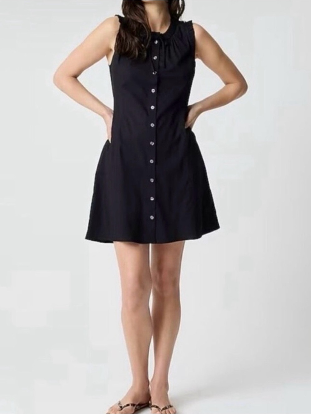 J.Crew Factory Ruffle Neck Tie Sleeveless Button-Front Black Mini Dress NWT 2